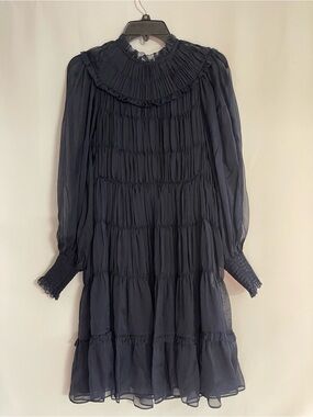 Ulla Johnson Navy Smocked Tiered Long Sleeve Silk Women's Size 4 Boho luxury